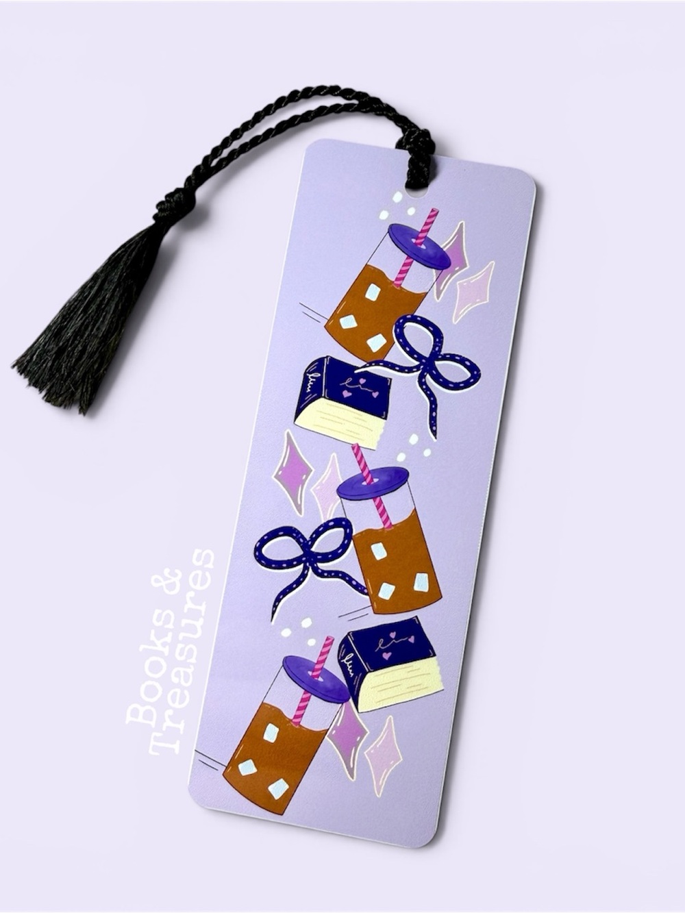 Book & Coffee Illustrated Metal Bookmark - Lavender Hand Drawn Handmade